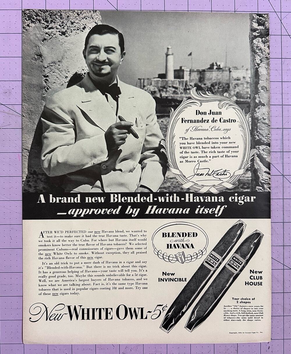 1939 White Owl Cigar Havana Don Juan Fernandez De Castro Cuba Vintage Print Ad